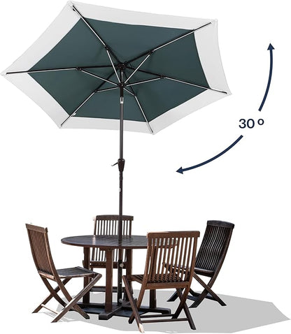 JONATHAN Y UMB1100E Spencer 9 ft. Classic Coastal 2-Tone Solar LED Market Patio Umbrella with 12 LED Strip Lights, Auto-Tilt, Crank Protection in Green/White