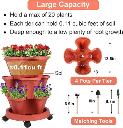 GameXcel Vertical Planter 3 Tier Stackable Planters Garden Planters Strawberry Herb Flower and Vegetable Planter Indoor Outdoor Gardening Pots with Removable Wheels and Tools