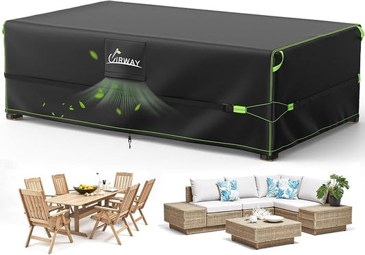 UIRWAY 600D Heavy Duty Patio Furniture Covers-Upgraded 5 Layers Tough Oxford fabric Waterproof Outdoor Table Cover for Table and Chairs with Triple-Layer Windproof Design Fits 74"L × 47"W × 28"H