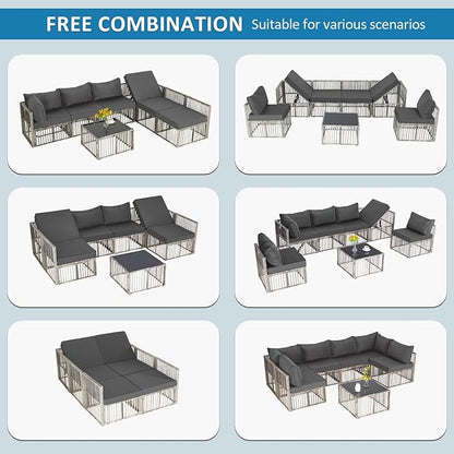 FHFO 7 Pieces Outdoor Patio Furniture Set, Wicker Outdoor Sectional Conversation Couch Set with Adjustable Backrest Sofa, Thick Cushion & Coffee Table for Garden, Porch, Poolside, Grey/Grey