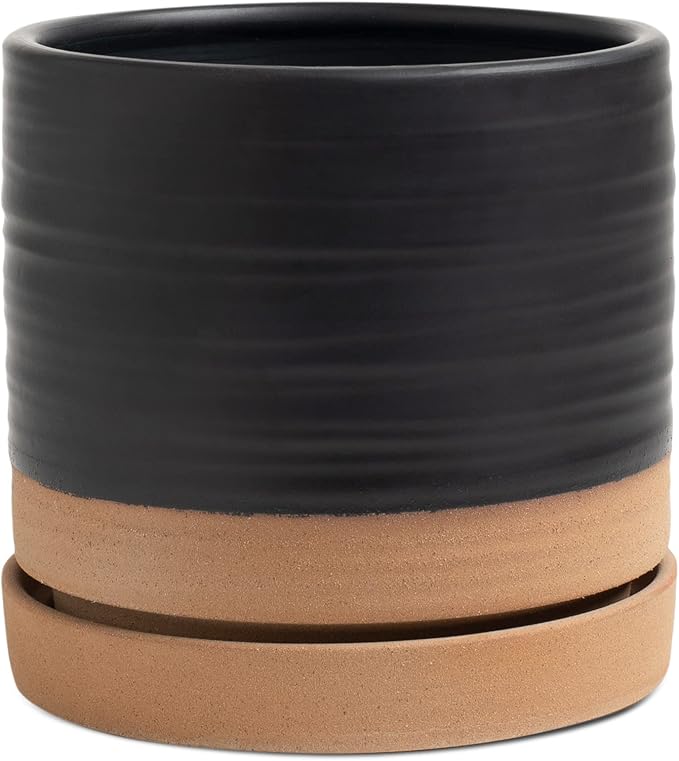 HERDUK 6 Inch Plant Pots, Ceramic Planter Pot with Drainage Hole & Saucer, Indoor/Outdoor Cylinder Round Planter Pot, Matte Black & Brown