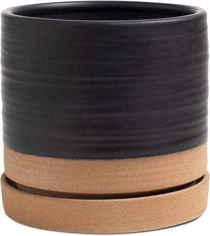 HERDUK 6 Inch Plant Pots, Ceramic Planter Pot with Drainage Hole & Saucer, Indoor/Outdoor Cylinder Round Planter Pot, Matte Black & Brown