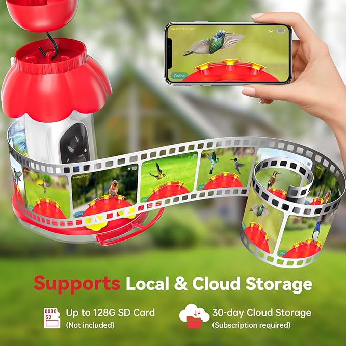 Upgrated Solar Hummingbird Feeder with Camera for Outdoors, Instant Notifications, AI Identify Bird Species, Double Ant Moat, Bee Proof, 3 Feeding Ports Hummingbird Feeders for Garden, Yard