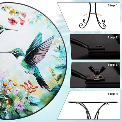 Outdoor Side Table, Hummingbird & Flower Round Accent Table, 18" Metal Indoor Small End Tables, Plant Stand Tables for Patio Yard Balcony Garden Bedside