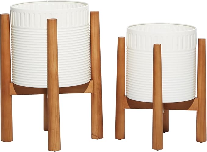 Deco 79 Metal Indoor Outdoor Planter Large Planter Pot with Removable Wood Stand, Set of 2 Planters 17", 15"H, White