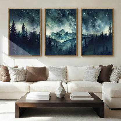 Large Mountain Framed Wall Art 16x24 Inch Dark Forest Starry Sky Canvas Wall Decor Modern Nature Wilderness Art Print for Living Room Bedroom Office Set of 3
