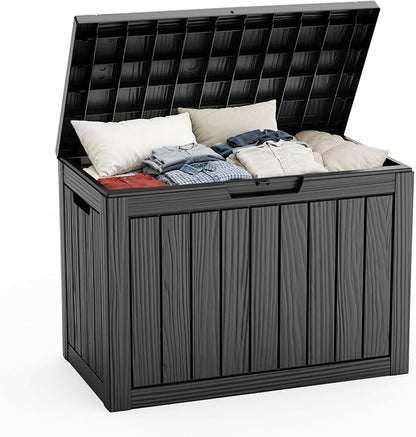 45 Gallon Deck Box, Waterproof Resin Outdoor Storage Box Lockable for Patio Furniture, Fade Resistant Patio Side Table & Organizer for Garden Tools, Pool Floats, Outdoor Cushions, Black