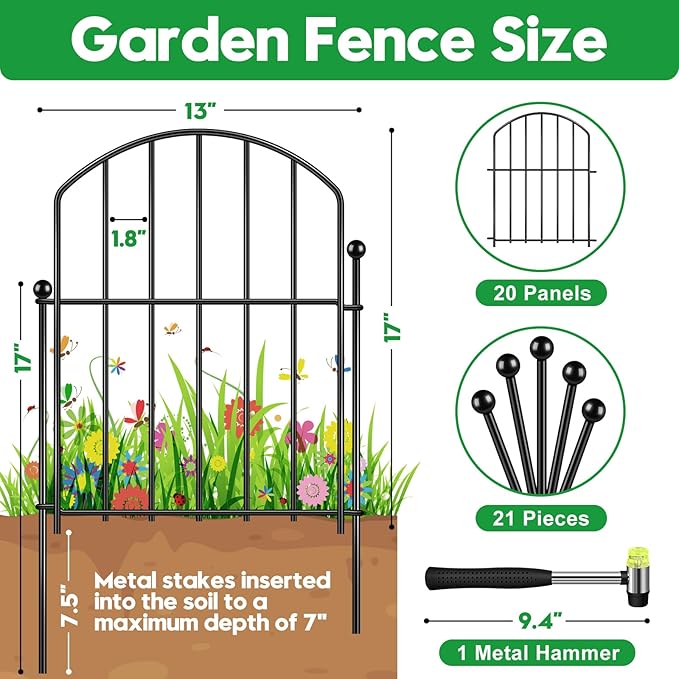 Decorative Garden Fence 17in (H) x20ft (L), Arched Rustproof Metal No Dig Fence for Dogs & Rabbit, Ornamental Animal Barrier for Flower Beds, Border Panels Fencing for Yard & Patio Outdoor Decor