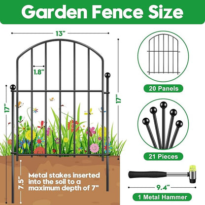 Decorative Garden Fence 17in (H) x20ft (L), Arched Rustproof Metal No Dig Fence for Dogs & Rabbit, Ornamental Animal Barrier for Flower Beds, Border Panels Fencing for Yard & Patio Outdoor Decor
