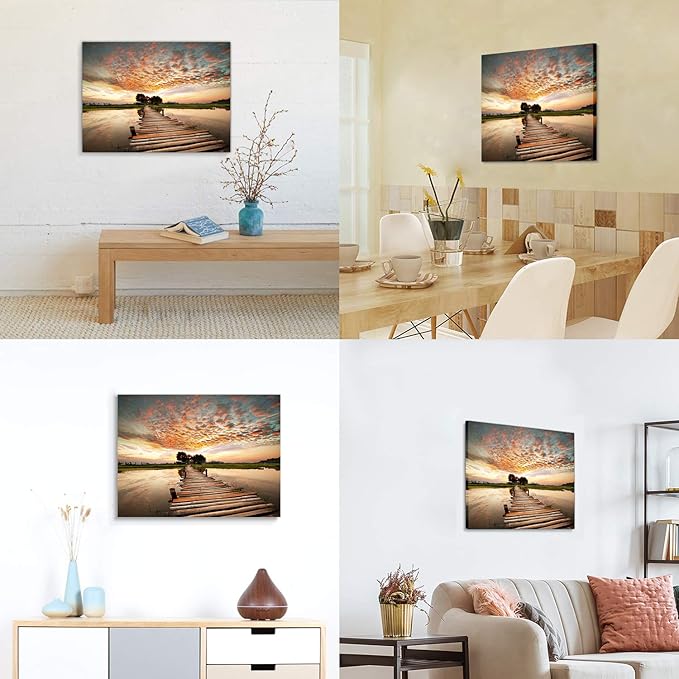 Landscape Artworks Pictures Wall Art: Stairway to Heaven’s Sunset Stunning Lake Bridge Print on Canvas for Living Room (18” x 24” x 1 Panel)