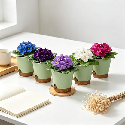 12 Pack 4 Inch African Violet Pots Self Watering, Self-Watering Planters with Drainage Holes & Reservoir, Green Brown Plastic Pots for Indoor Outdoor Plants, Succulents & Flowers