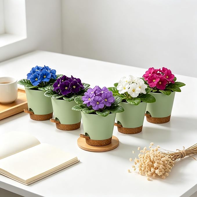 5 Pack 5 Inch African Violet Pots Self Watering, Self-Watering Planters with Drainage Holes & Reservoir, Green Brown Plastic Pots for Indoor Outdoor Plants, Succulents & Flowers