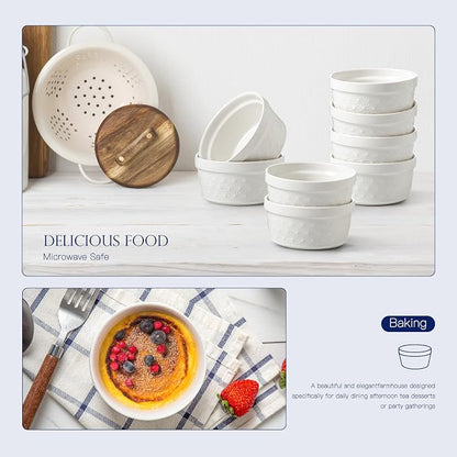 6 Oz Ramekins Oven Safe, Creme Brulee Ramekins Set of 8, Ceramic Souffle Dish, White Porcelain Snowflake Baking Bowls for Dessert, Pie, Tart, Souffles, Appetizers