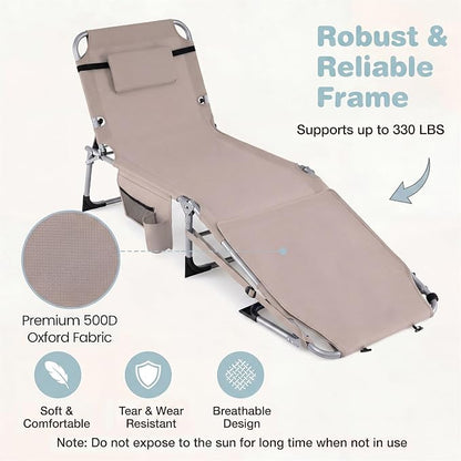 Giantex Tanning Chair, 330Lbs Beach Chair with 5 Adjustable Position, Face & Arm Hole, Hand/Shoulder Strap, Removable Pillow, Side Pocket, Chaise Lounger, Lounge Chair for Sunbathing Outdoor, Beige