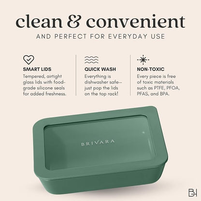 Glass Food Storage Container with Lid, 11-Cup Large Rectangle | Microwave-Safe Airtight Lid, Oven-Safe Ceramic-Coated Glass | Zero Plastic, No PFAS/PFOA/BPA, Reusable [Pine]