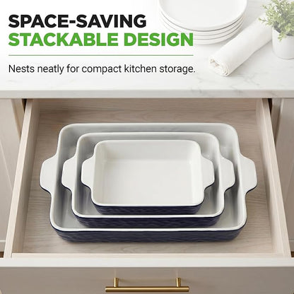 NutriChef 3-Piece Ceramic Casserole Dishes for Oven - Heavy Duty Rectangular Lasagna Baking Pans w/ Premium Nonstick Coating & Handles - PFOS, PTFE, PFOA Free - Microwave & Oven Safe, Royal Blue