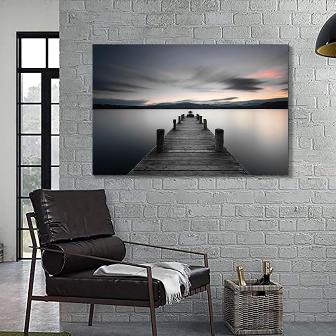 Pier Artwork Canvas Wall Art: Vintage Lake Dock Picture Painting Print for Living Room (45'' x 30'' x 1 Panel)