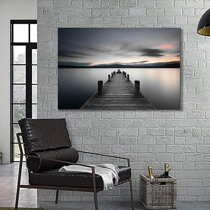Pier Artwork Canvas Wall Art: Vintage Lake Dock Picture Painting Print for Living Room (45'' x 30'' x 1 Panel)