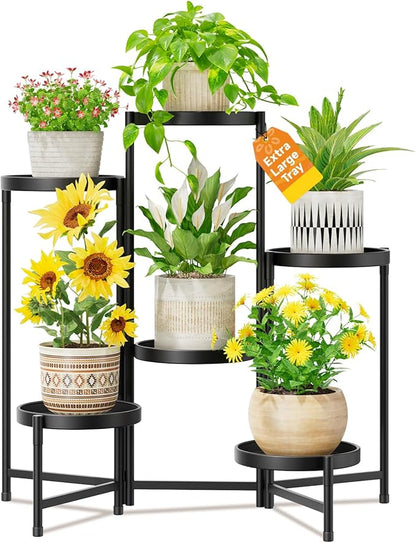 LASZOLA 6 Tier Large Plant Stand Indoor Tall with 10 Inch Metal Tray, Corner Folding Flower Display Rack, Modern Plant Holder Shelf for Outdoor Patio Porch Garden Office Living Room, Black