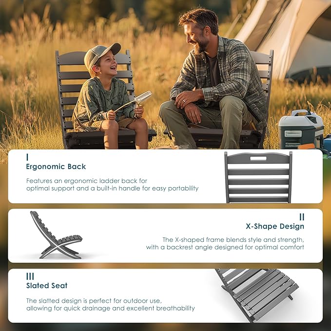 GREENVINES 3 Pieces Patio Furniture Set | Outdoor Bistro Sets for 2 | HDPE Plastic | Folding-Adirondack-Chairs-with-Side-Table | All Weather | Xavier Chair | for Porch Deck Poolside Backyard | Gray