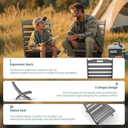 GREENVINES 3 Pieces Patio Furniture Set | Outdoor Bistro Sets for 2 | HDPE Plastic | Folding-Adirondack-Chairs-with-Side-Table | All Weather | Xavier Chair | for Porch Deck Poolside Backyard | Gray