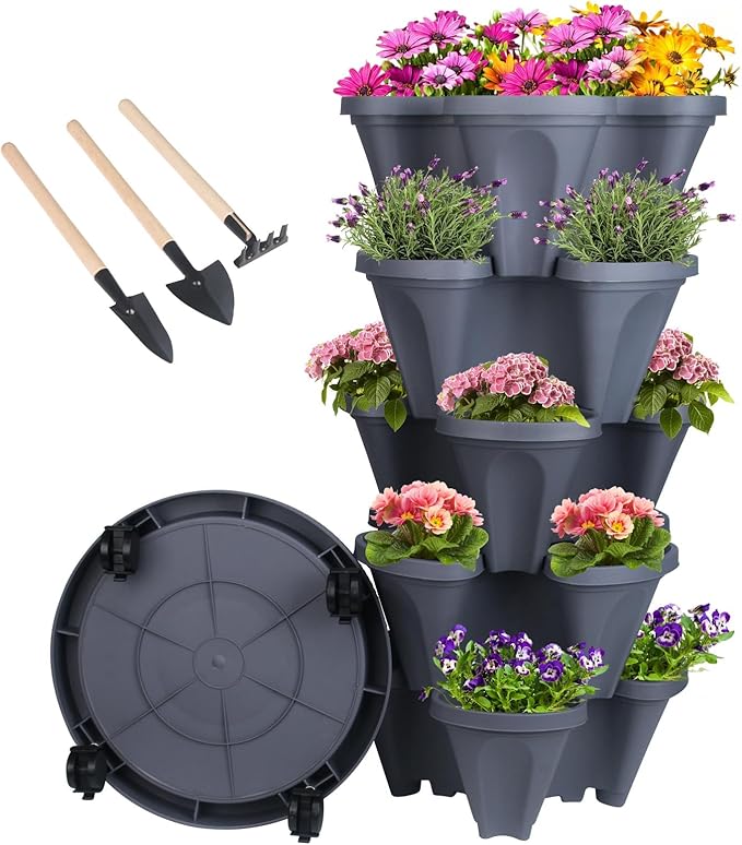 GameXcel Vertical Planter Tower- 5 Tier Stackable Garden Planter with Wheels and Tool Set – Grow Strawberries Herbs Flowers and Vegetables - Indoor Outdoor Use Dark Gray