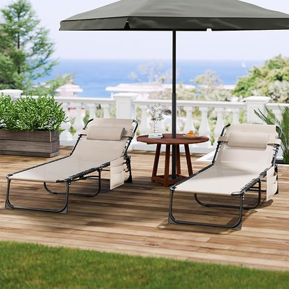 EBE Outdoor Lounge Chair Set of 2, Portable Patio Sun Tanning Chair with 4-Position Reclining Back, Pool Chaise Lounge Chair with Detachable Pillow and Side Pocket for Beach, Poolside, Beige