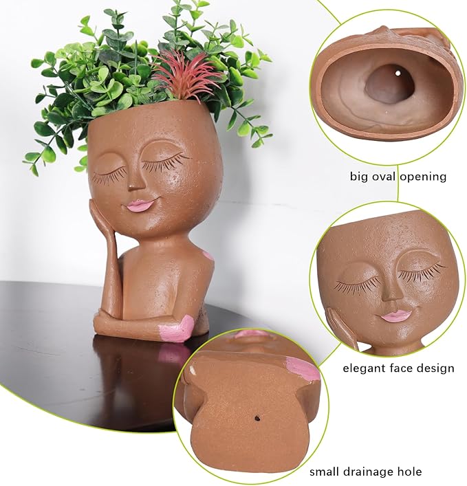 Cute Girl Face Plant Pot Resin Succulent Flower Pot Head Planter Pot for Home Decor Large Plant Holder with Drainage Hole for Indoor and Outdoor