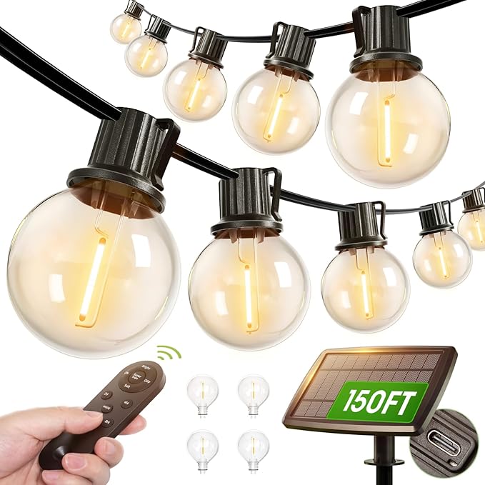 addlon 150FT Solar String Lights Outdoor Waterproof with Remote, Dimmable Commercial Grade Solar Powered String Lights with 80 LED Bulbs, Hanging Light for Camping Backyard Party Decor