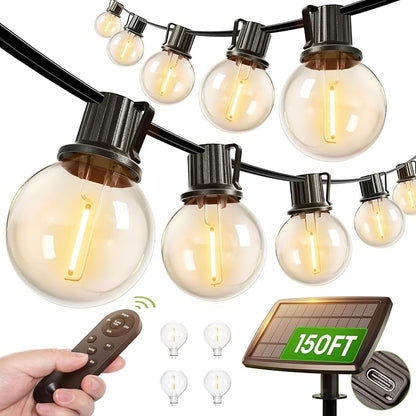 addlon 150FT Solar String Lights Outdoor Waterproof with Remote, Dimmable Commercial Grade Solar Powered String Lights with 80 LED Bulbs, Hanging Light for Camping Backyard Party Decor