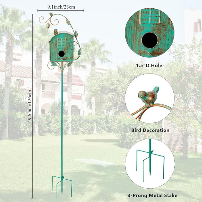 49" Bird Houses for Outside with Pole, Outdoor Metal Birdhouse for Patio, Yard, Garden(Green)