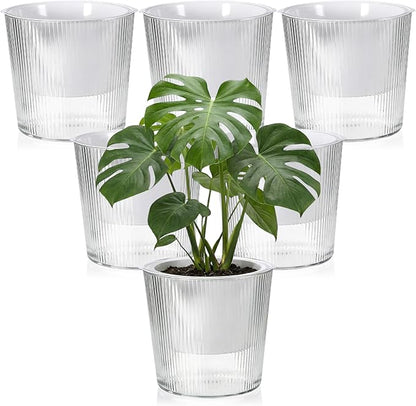 6 Pack Self Watering Pots for Indoor Plants Plastic Vertical Ribbed Semi Transparent Planters, Dual Layer Reservoir for Indoor Succulents Herbs Pothos(Clear, White,6.5 x 5.9 Inch)