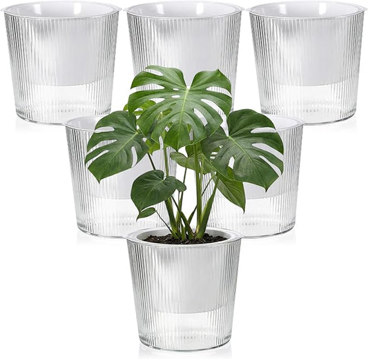 6 Pack Self Watering Pots for Indoor Plants Plastic Vertical Ribbed Semi Transparent Planters, Dual Layer Reservoir for Indoor Succulents Herbs Pothos(Clear, White,6.5 x 5.9 Inch)
