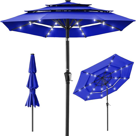 Best Choice Products 10ft 3-Tier Solar Patio Umbrella, Outdoor Market Sun Shade for Backyard, Deck, Poolside w/ 24 LED Lights, Tilt Adjustment, Easy Crank, 8 Ribs - Resort Blue