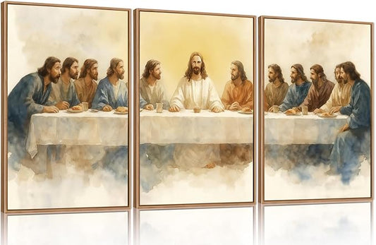 FWIEXA Jesus Last Supper Canvas Wall Art Set 3, Framed Easter Christian Decor Painting, Religious Boho Prints , Bible Watercolor Artwork, 24x36In Verse Scripture Pictures for Living Room,Bedroom,Prayer Room