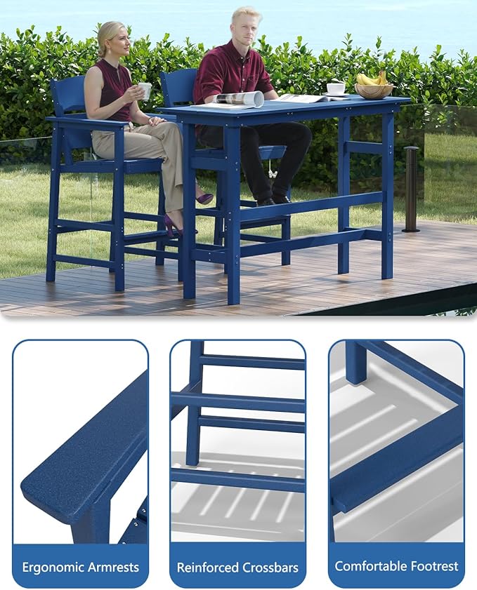 FOOWIN 3 Piece Outdoor Bar Height Table and Chairs, All Weather HDPE Patio Bar Set Outdoor Bistro Set,Adirondack Bar Chairs Set of 2 Outdoor Furniture for Bistro, Poolside, Backyard Navy Blue