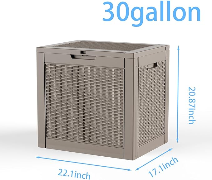30 Gallon Deck Box, Waterproof Resin Rattan Outdoor Storage Box Lockable for Patio, Fade Resistant Ourdoor Side Table & Organizer for Garden Tools, Pool Floats, Outdoor Cushions, Light Coffee
