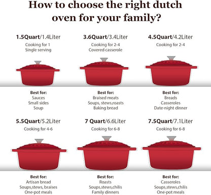 Overmont Enameled Cast Iron Dutch Oven - 7QT Pot with Lid Cookbook & Cotton Potholders - Heavy-Duty Cookware for Braising, Stews, Roasting, Sourdough Baking red