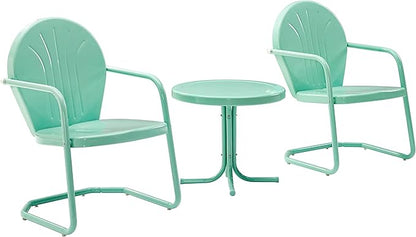 Crosley Furniture Griffith 3-Piece Outdoor Chair and Side Table Set, Retro Metal Bistro Patio Sets for Porch, Aqua