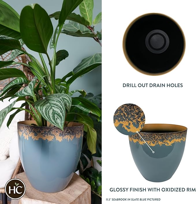 The HC Companies 11.5 Inch Seabrook Decorative Round Planter - Lightweight Premium Resin Plant Pot with a Ceramic Look for Indoor Outdoor Use, Slate Blue
