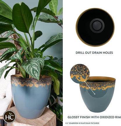The HC Companies 11.5 Inch Seabrook Decorative Round Planter - Lightweight Premium Resin Plant Pot with a Ceramic Look for Indoor Outdoor Use, Slate Blue