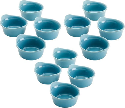 Rachael Ray Solid Glaze Ceramics Round Ramekins/Dipping Cup Set, 4 Piece, Agave Blue (Pack of 3)