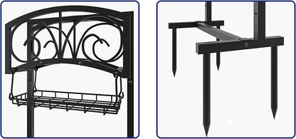 Fire Beauty Garden Hose Holder,Freestanding Water Hose Holder with Storage Basket,In ground Hose Rack Organizer for Outdoor,Detachable Hose Holder Stake,Hose Reel Stand for Outside Lawn Yard