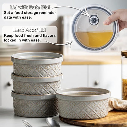 Ceramic Bowls with Lids set of 4, Soup Bowls, 28 oz Ramekins Baking Dishes for Kitchen, Food Storage Container Bowls Oven Safe, Bowls for Salad, Snack, Oatmeal, Fruit, Gifts, Grey