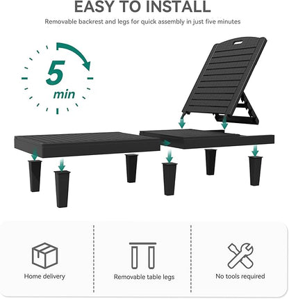 YITAHOME Outdoor Chaise Lounge Chair, Plastic Pool Chaise Lounge with 5-Position Backrest, Easy Assembly & Waterproof for Patio & Poolside, Set of 4, Black