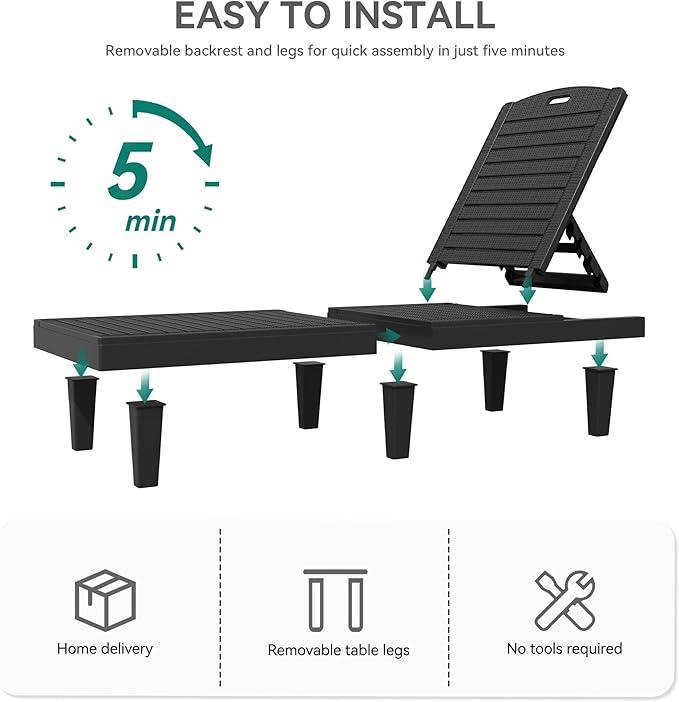 YITAHOME Outdoor Chaise Lounge Chair, Plastic Pool Chaise Lounge with Cushions & 5-Position Backrest, Easy Assembly & Waterproof for Patio & Poolside, Set of 2, Grey