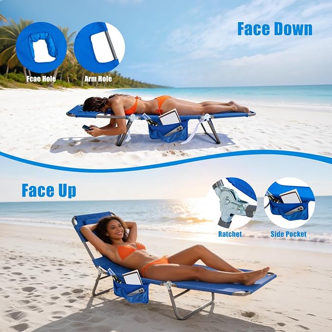 SUNNYFEEL Lay Flat Tanning Chair 2 Pack with Face Down Hole & Arm Slots, Beach Lounge Chair, 5-Position Folding Sunbathing Chair, 300 LBS Heavy Duty, 72" L x 22" W for Beach, Pool, Camping