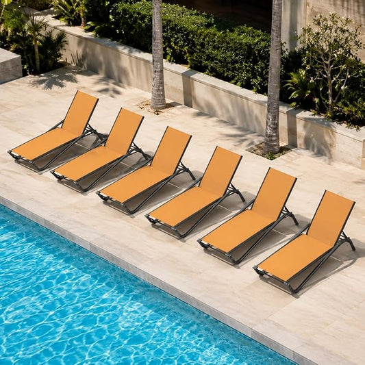 Patio Chaise Lounge Chairs Set of 6, All-Weather Aluminum Pool Loungers for Outside, 5-Position Adjustable Sunbathing Chairs for Tanning, Stackable for Backyard, Poolside, Solar Orange