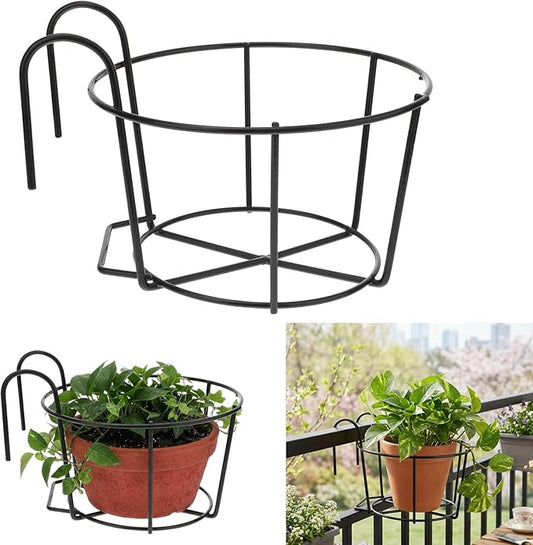 DOITOOL 9.84" Round Hanging Railing Planters Basket, Metal Balcony Plant Holder for Outdoor Fence, Iron Flower Pot Hangers Rack for Deck Porch Patio Garden, Black Potted Stand Shelf for Apartment