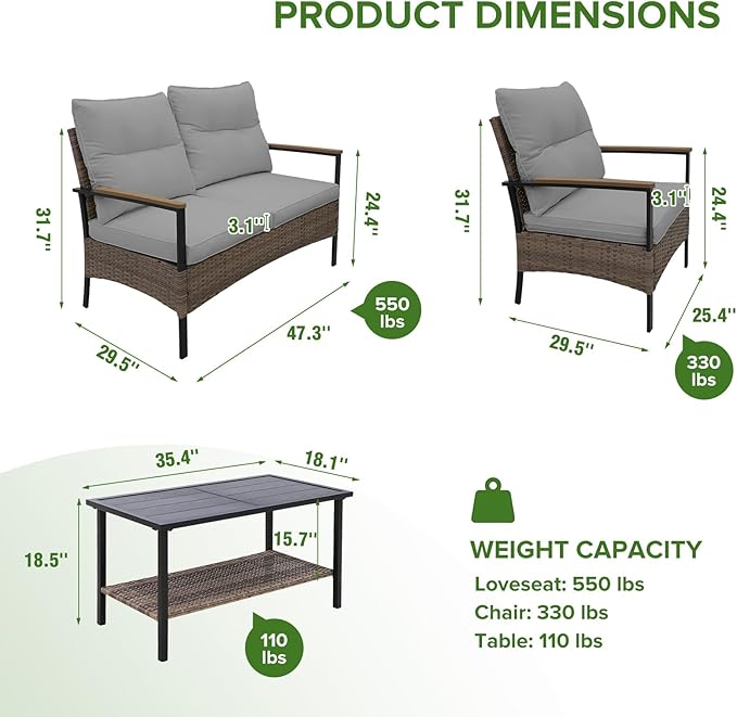EAGLE PEAK 4 Piece Mojave Dusk Outdoor Conversation Set, Patio Wicker Furniture, Loveseat, 2 Patio Chairs and Coffee Table, Brown/Gray